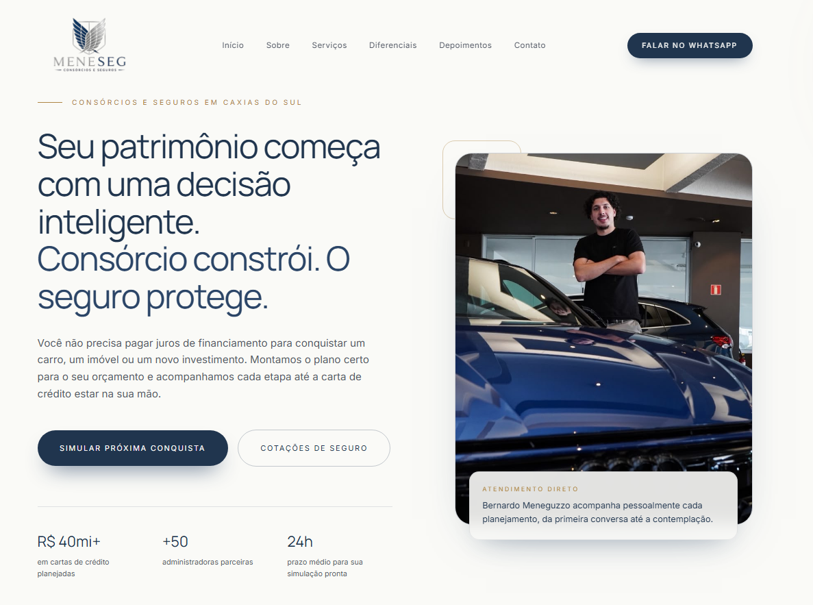 MeneSeg Consórcios e Seguros — Interface do site premium