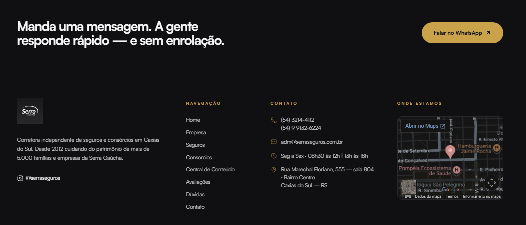 Rodapé institucional com mapa e canais. — depois