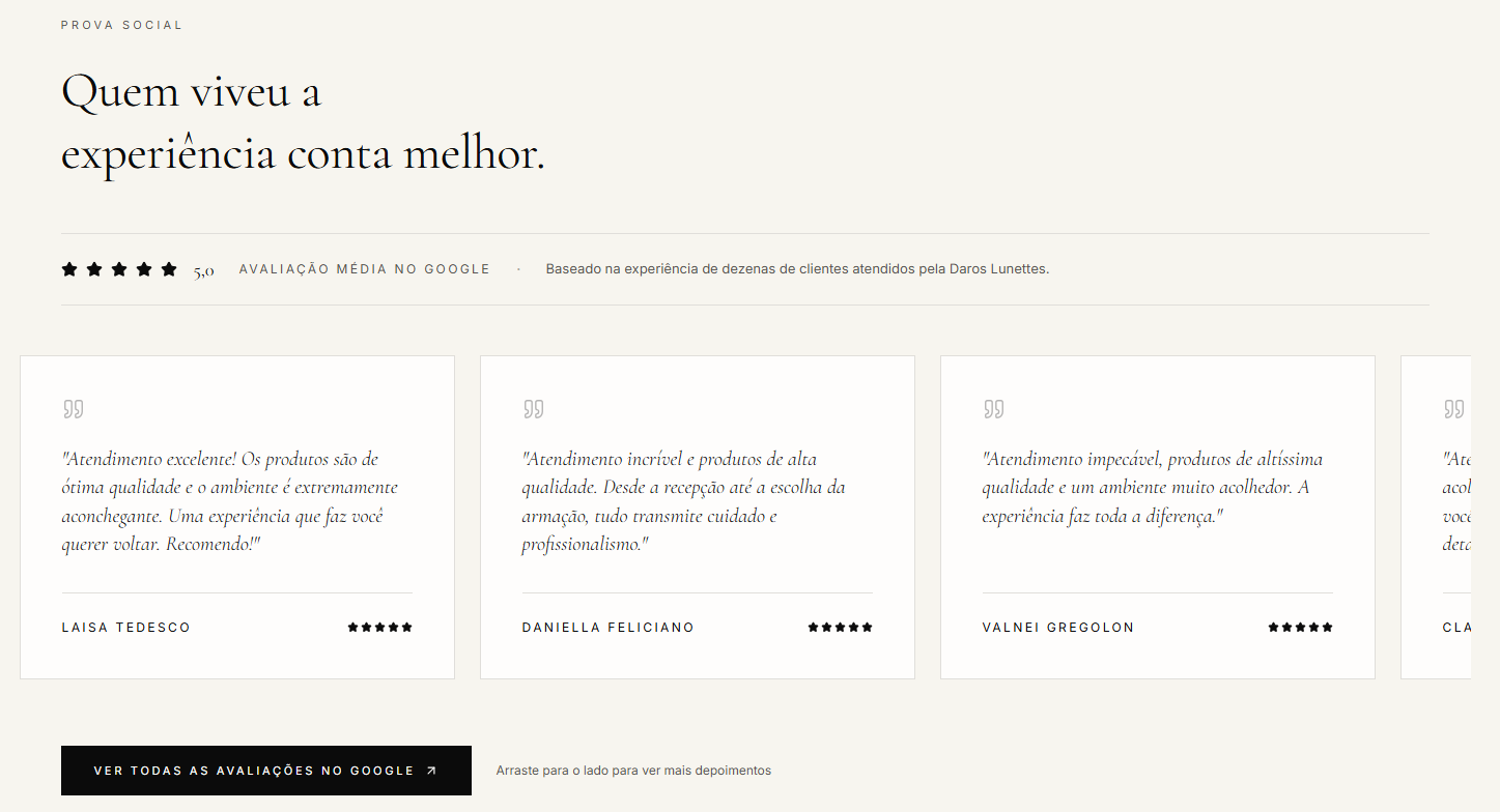 Prova social com nota 5,0★ do Google em destaque. — depois